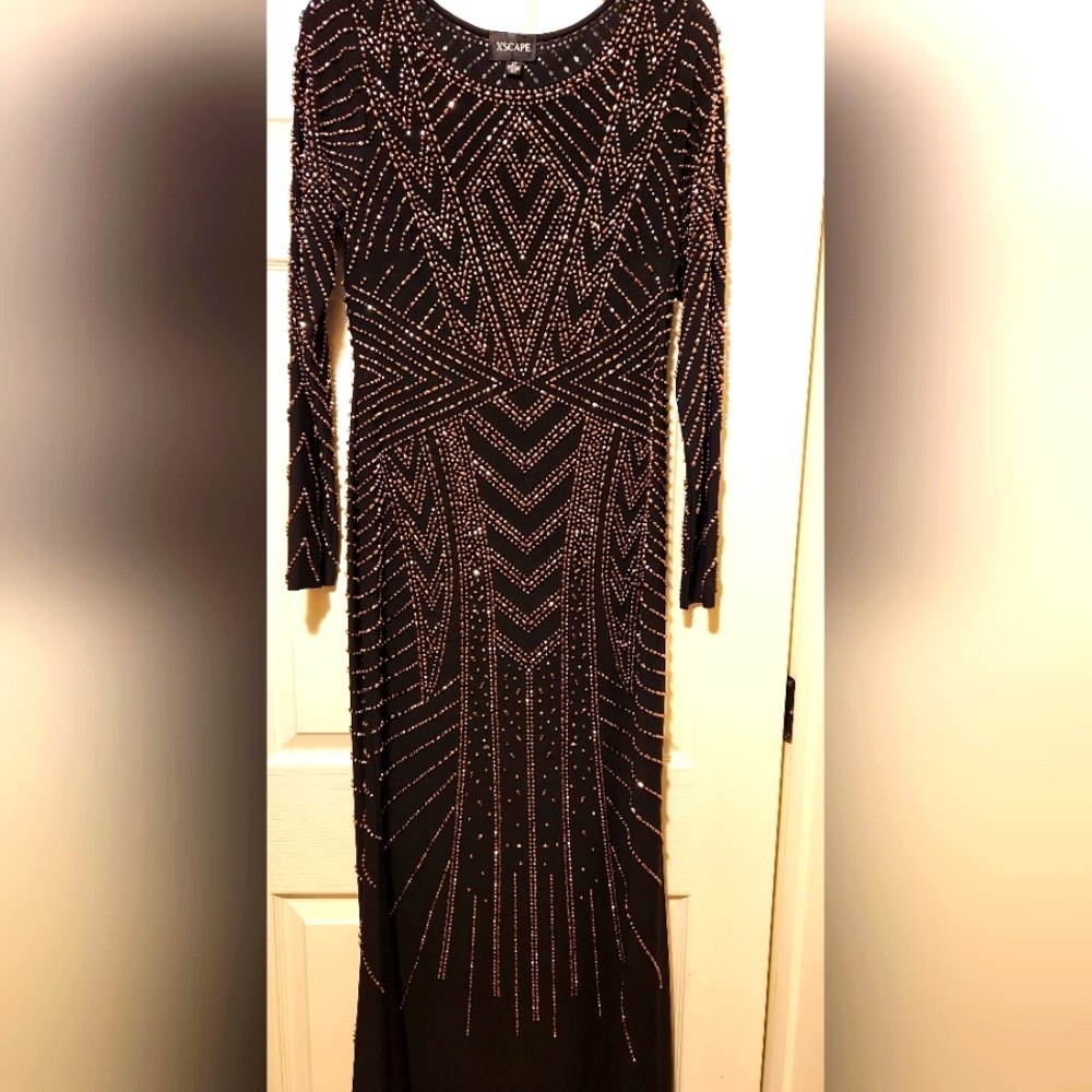 Xscape Black Long Sleeve Beaded Evening Gown
